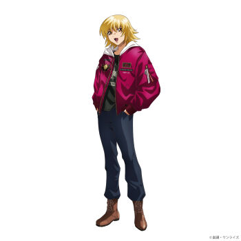 Rule 34 | 1girl, black shirt, blonde hair, bomber jacket, boots, brown boots, cagalli yula athha, copyright notice, denim, full body, gundam, gundam seed, gundam seed freedom, hands in pockets, highres, hood, hood down, hooded jacket, jacket, jeans, long sleeves, looking at viewer, official art, open clothes, open jacket, open mouth, orange eyes, pants, promotional art, red jacket, shirt, short hair, simple background, smile, solo, standing, white background