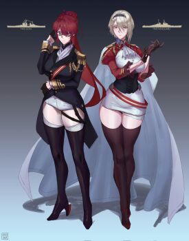 2girls adjusting_eyewear aiguillette ascot black_boots black_coat black_gloves black_hairband boots breasts brown_gloves brown_thighhighs cape coat commentary commentary_request dangodes english_commentary epaulettes full_body glasses gloves grey_background grey_eyes grey_hair hair_between_eyes hairband half_gloves highres hms_lion_(1939) hms_vanguard juliet_sleeves large_breasts long_hair long_sleeves looking_at_viewer miniskirt mixed-language_commentary multiple_girls original personification puffy_sleeves rectangular_eyewear red_eyes red_hair red_ribbon red_shoes ribbon shirt shoes short_hair simple_background skirt standing thigh_boots thighhighs underbust white_ascot white_cape white_shirt white_skirt