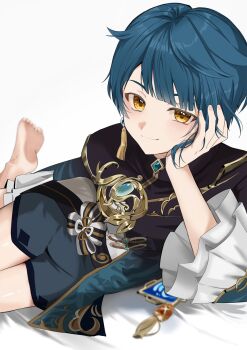 1boy blue_hair chinese_clothes earrings feet frilled_sleeves frills genshin_impact highres jewelry light_blush long_sleeves looking_at_another male_focus sahi00000 short_hair short_shorts shorts simple_background single_earring smile soles solo tassel tassel_earrings thighs toes vision_(genshin_impact) white_background xingqiu_(genshin_impact) yellow_eyes