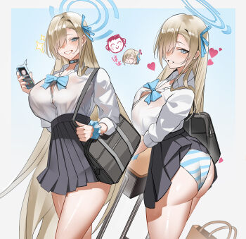 1boy 1girl absurdres ass asuna_(blue_archive) asuna_(school_uniform)_(blue_archive) bag black_skirt blonde_hair blue_archive blue_bow blue_bowtie blue_eyes blue_halo blush bow bowtie breasts choker clothes_lift doodle_sensei_(blue_archive) grin hair_over_one_eye halo highres holding holding_phone large_breasts long_hair looking_at_viewer panties pantyshot phone pleated_skirt school_bag sensei_(blue_archive) shirt skirt skirt_lift sleeves_rolled_up smile striped_clothes striped_panties table thighs underwear very_long_hair white_panties white_shirt xiaojuan_(user_ezvt7287)