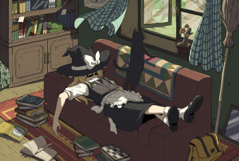 1girl apron bag black_cat black_hat black_shoes black_skirt black_vest blonde_hair book book_stack bookshelf bow broom cat couch curtains hat hat_bow indoors inuno_rakugaki kirisame_marisa lying on_back on_couch open_book open_window shirt shoes short_sleeves skirt sleeping socks solo touhou vest waist_apron white_apron white_shirt white_socks window witch_hat