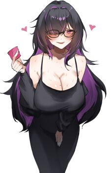 1girl absurdres black-framed_eyewear black_cardigan black_dress black_hair blush breasts cardigan cardigan_partially_removed cleavage colored_inner_hair commentary condom condom_wrapper dress drooling english_commentary glasses goddess_of_victory:_nikke hair_ornament highres holding holding_condom huge_breasts label_(nikke) mole mole_on_breast mouth_drool multicolored_hair purple_eyes purple_hair purple_streaks smile solo spicyy standing streaked_hair two-tone_hair white_background