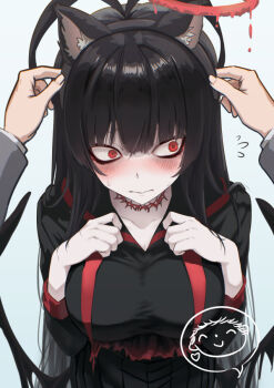 1boy 1girl animal_ear_hairband animal_ears antenna_hair averting_eyes bags_under_eyes black_hair black_serafuku black_wings blue_archive blush breasts cat_ear_hairband cat_ears cleavage collarbone commentary_request doodle_sensei_(blue_archive) fake_animal_ears flying_sweatdrops hairband halo large_breasts long_hair melting_halo miyabinp neckerchief no_dickey pale_skin pleated_skirt pov pov_hands red_eyes red_halo school_uniform sensei_(blue_archive) serafuku simple_background skirt spoken_expression straight_hair tsurugi_(blue_archive) undone_neckerchief very_long_hair white_background wings