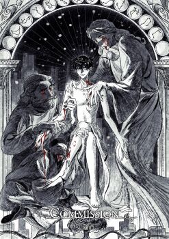 1girl 3boys :d barefoot beard bite_mark black_hair bleeding blood blood_from_mouth bloody_tears braid brooch character_request city commentary constellation_print crossed_legs english_commentary facial_hair full_body hand_on_another's_arm hand_on_another's_leg hand_on_another's_neck head_wreath highres jewelry kim_dokja light_rays looking_at_viewer multiple_boys nicayuko no_shirt omniscient_reader's_viewpoint open_mouth outstretched_arms partially_colored pectorals red_eyes robe short_hair sitting skinny smile snow zodiac