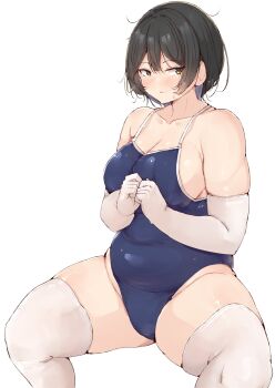 1girl black_hair blue_one-piece_swimsuit blush breasts brown_eyes cleavage elbow_gloves gloves medium_breasts one-piece_swimsuit original plump shinonon_(iso_shino) short_hair solo spread_legs squatting sweat swimsuit thick_thighs thighhighs thighs white_background white_gloves white_thighhighs