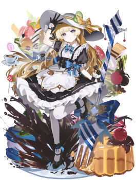 1girl alternate_costume apron arm_up black_dress black_gloves black_shoes blonde_hair blue_bow blue_bowtie bow bowtie cherry chinese_commentary closed_mouth commentary_request dessert dress food fork fruit full_body gloves hat hat_bow highres light_blush long_hair looking_at_viewer pantyhose phoebe_(wuthering_waves) pudding purple_eyes shoes short_sleeves smile solo white_hat white_pantyhose wiersa wuthering_waves yellow_bow