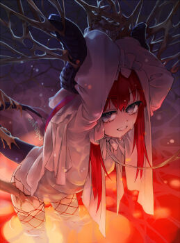 1girl arms_up blue_eyes blush breasts commentary curled_horns dragon_horns dragon_tail dress elizabeth_bathory_(avenger)_(fate) elizabeth_bathory_(fate) fate/grand_order fate_(series) fishnet_pantyhose fishnets grin hair_ribbon highres horns long_hair long_sleeves looking_at_viewer pantyhose red_hair ribbon rori_chuushin small_breasts smile tail thighhighs thighs two_side_up veil wading white_dress white_thighhighs