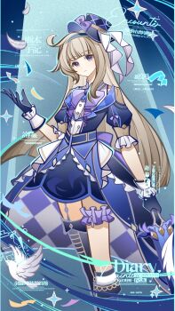 1girl absurdres ahoge asymmetrical_legwear bird black_gloves blue_hairband blunt_bangs bow bowtie brown_hair chinese_commentary chinese_text commentary_request english_text frills full_body gloves hairband hat highres holding long_hair looking_at_viewer mixed-language_text mole mole_under_eye nius_invokation_tcg(style) original purple_eyes short_sleeves sidelocks sisan_eryi solo thigh_strap thighhighs top_hat watermark