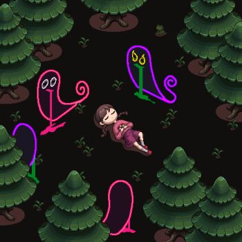 1girl 794810 braid brown_hair closed_eyes forest frog frog_character_(yume_nikki) grass hashtag-only_commentary highres long_hair long_sleeves lying madotsuki nature on_back on_ground pink_sweater pixel_art purple_skirt red_shoes shoes skirt sleeping socks sweater tree twin_braids white_socks yume_nikki