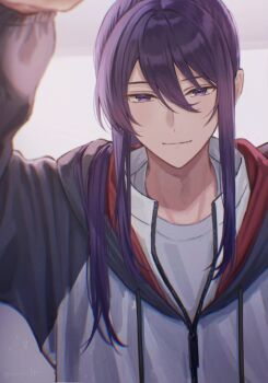 Rule 34 | 1boy, black hoodie, closed mouth, double-parted bangs, drawstring, ensemble stars!, from below, hair between eyes, hair intakes, hair over shoulder, hand up, highres, hood, hoodie, incoming headpat, indoors, kanzaki souma, long hair, long sleeves, looking at viewer, looking down, male focus, ponytail, pov adoring, purple eyes, ruriruri772, shirt, shirt under hoodie, sidelocks, smile, two-tone hoodie, upper body, white hoodie, white shirt
