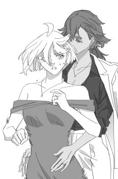 2girls bare_shoulders collared_shirt commentary_request dress greyscale gundam gundam_suisei_no_majo hands_on_another&#039;s_waist highres jacket jacket_on_shoulders jewelry korean_commentary long_hair miorine_rembran monochrome multiple_girls necklace off-shoulder_dress off_shoulder open_mouth ring shirt short_hair snapagi suletta_mercury sweat thick_eyebrows wedding_ring wife_and_wife yuri