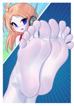 1girl absurdres barefoot blonde_hair blue_eyes curly_brace doukutsu_monogatari feet foot_focus highres non-web_source puffypinkpaws soles toes