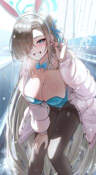 1girl absurdres animal_ear_hairband animal_ears arch_a4 asuna_(blue_archive) asuna_(bunny)_(blue_archive) blonde_hair blue_archive blue_bow blue_bowtie blue_eyes blue_halo blue_leotard blush bow bowtie breasts cleavage collarbone commentary detached_collar fake_animal_ears grin hair_over_one_eye hairband halo highres jacket kneeling large_breasts leotard long_hair looking_at_viewer mole mole_on_breast open_clothes open_jacket pantyhose pink_jacket playboy_bunny rabbit_ear_hairband rabbit_ears single_bare_shoulder smile solo symbol-only_commentary thighband_pantyhose very_long_hair