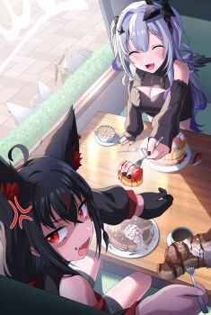 Rule 34 | ahoge, amane kanata, amane konata, angel wings, anger vein, animal ear fluff, animal ears, black hair, blue hair, braid, cafe, chair, colored inner hair, commentary request, cup, feathered wings, food, fork, fox ears, fox girl, grey hair, hair between eyes, halo, highres, hololive, kurokami fubuki, long hair, multicolored hair, pancake, peeking, red eyes, setsuna (l9in1cszw3f6qsq), shaded face, shirakami fubuki, smile, star halo, streaked hair, table, virtual youtuber, wings