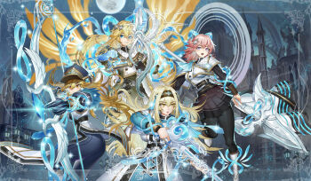 absurdres blonde_hair blue_eyes border bow_(weapon) building cathedral church duel_monster english_text exosister_asophiel exosister_elis exosister_gibrine exosister_irene exosister_kaspitell exosister_mikailis exosister_sophia exosister_stella full_moon gauntlets gun hair_ornament hairband hat highres holding holding_bow_(weapon) holding_gun holding_polearm holding_sword holding_weapon lance long_hair military_hat moon night night_sky open_mouth outdoors pink_hair polearm purple_eyes rifle skirt sky star_(sky) star_(symbol) star_hair_ornament starry_sky sword very_long_hair weapon yellow_eyes yu-gi-oh! yutou_yutou_yu