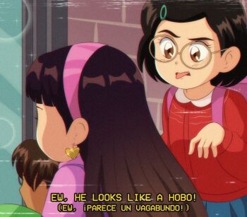 1990s_(style) 1boy abby_(turning_red) animification black_hair brenni_murasaki disney earrings faux_retro_artstyle glasses jewelry looking_at_viewer meilin_lee multiple_girls open_mouth overalls pixar purple_overalls retro_artstyle shirt short_hair turning_red