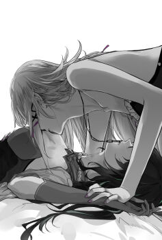 Rule 34 | 2girls, alpha.e, bare arms, bare shoulders, blush, chinese commentary, collarbone, commentary request, detached collar, elbow gloves, gloves, greyscale, hair ribbon, hand on another's stomach, herta (honkai: star rail), highres, holding another's wrist, honkai: star rail, honkai (series), jewelry, monochrome, multiple girls, necklace, necklace in mouth, parted lips, pearl necklace, purple ribbon, ribbon, ruan mei (honkai: star rail), spot color, yuri