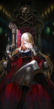 Rule 34 | 1girl, absurdly long hair, ascot, badge, black boots, black cape, black capelet, blue eyes, boots, breasts, cape, capelet, clenched hand, colored skin, crossed legs, curly hair, dust, emeraldas, energy gun, expressionless, eyelashes, gloves, hair between eyes, hair ornament, hairpin, hand on own face, harlock saga, highres, holding, holding sword, holding weapon, jolly roger, laser rifle, light particles, long hair, looking down, looking to the side, medium breasts, on throne, orange hair, pants, pants rolled up, pirate costume, pirate ship, queen emeraldas, red cape, red shirt, scar, scar on face, ship captain, shirt, skull, skull and crossbones, skull hair ornament, skull ornament, sleeves rolled up, spacecraft, spacecraft interior, split mouth, stitched face, stitches, sword, throne, throne room, uchuu kaizoku captain harlock, very long hair, visqi, wavy hair, weapon, white ascot, white gloves, white pants, white skin