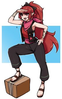 1girl bandana bandana_around_neck black_pants black_vest brown_sandals captain_morgan_pose commentary commission english_commentary full_body hand_on_own_hip hand_up highres long_hair looking_ahead oninuer open_clothes open_mouth open_vest original pants pink_bandana ponytail red_eyes red_hair red_shirt sandals shading_eyes shirt sleeveless sleeveless_shirt smile solo toes vest