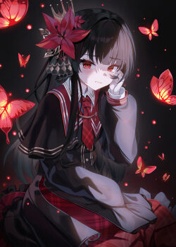 1girl absurdres black_background black_hair bug butterfly chanpower233 commentary_request flower hair_flower hair_ornament highres insect long_hair looking_at_viewer mahou_shoujo_no_majo_saiban necktie nikaido_hiro red_butterfly red_eyes red_necktie solo