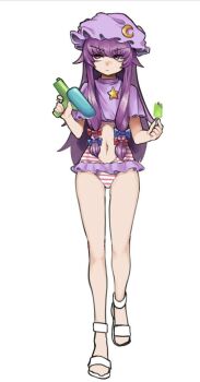 1girl alternate_costume artist_request bags_under_eyes blue_bow blunt_bangs bow capelet closed_mouth clothing_cutout colored_eyebrows crescent crescent_hat_ornament food frilled_one-piece_swimsuit frills full_body hair_bow hat hat_ornament highres holding holding_food holding_popsicle holding_water_gun legs long_hair looking_to_the_side mob_cap multiple_hair_bows navel navel_cutout one-piece_swimsuit patchouli_knowledge popsicle purple_hair red_bow sandals solo source_request spiked_hair star_ornament striped_clothes striped_one-piece_swimsuit swimsuit thick_eyebrows touhou unfinished water_gun white_background white_sandals