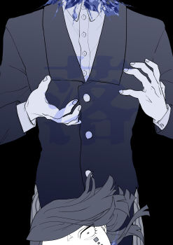 1boy absurdres asymmetrical_bangs black_background black_jacket blood blue_blood buttons commentary_request constricted_pupils cowboy_shot death decapitation demon_boy enmu_(kimetsu_no_yaiba) facial_mark grey_nails grey_pants hands_up highres jacket kimetsu_no_yaiba long_sleeves looking_at_viewer male_focus medium_hair monochrome open_hands pants pinstripe_pants pinstripe_pattern ryosei_0207 severed_head simple_background solo straight-on suit_jacket surprised tears_facial_mark trap undershirt veiny_face wide-eyed