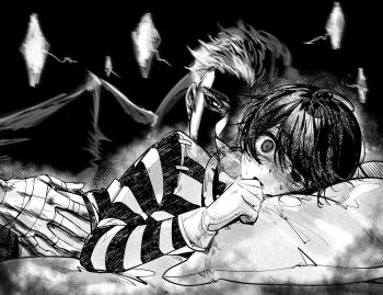 2boys alva_lorenz androgynous bandaged_hand bandages black_background black_hair black_sclera colored_sclera crying eyes_in_shadow face_in_shadow gloves greyscale hair_between_eyes hair_slicked_back half-closed_eye hand_in_another's_shirt hand_on_another's_waist highres identity_v looking_at_another looking_at_viewer luca_balsa lying male_focus molestation monochrome mua_o multiple_boys pillow shirt short_hair striped_clothes striped_shirt sweat tearing_up white_eyes white_gloves yaoi