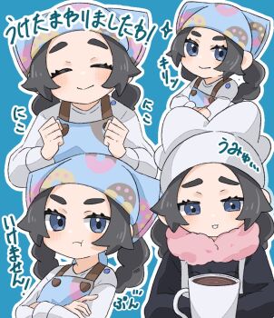 1girl :o ansha_(pokemon) apron black_hair black_jacket blue_background blue_eyes blush child closed_eyes cup hat headscarf highres jacket long_hair looking_at_viewer multiple_views nintendo pokemon pokemon_legends:_z-a ryokukoucha shirt simple_background smile translation_request twintails upper_body