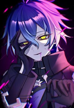 1boy @_@ ama_some_(kr0ri) black_gloves black_jacket blue_hair flins_(genshin_impact) genshin_impact gloves hair_between_eyes hand_on_own_face highres jacket liquid_from_mouth long_hair male_focus purple_background solo stitched_face stitches sweatdrop watermark yellow_eyes