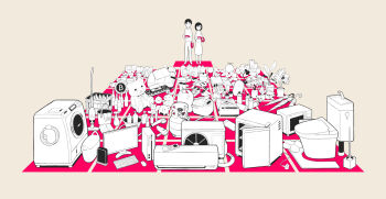 1boy 1girl black_hair bottle bowl bucket computer controller flat_color hair_dryer hebitsukai highres instrument computer_keyboard keyboard_(instrument) knife leaf limited_palette long_sleeves microwave monitor original pants plant potted_plant remote_control shirt short_hair skirt spray_bottle toilet umbrella washing_machine white_pants white_shirt white_skirt wide_shot