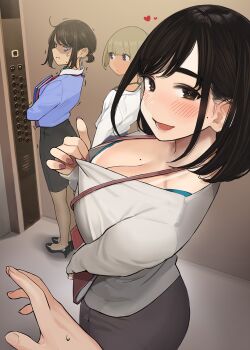 1boy 3girls ahoge anger_vein angry aqua_bra blonde_hair blue_eyes blunt_bangs blush bob_cut bra breast_envy breasts brown_eyes brown_hair cleavage commentary_request dark-skinned_female dark_skin douki-chan_(douki-chan) douki-kun_(douki-chan) downblouse elevator elevator_door ganbare_douki-chan heart highres kouhai-chan_(douki-chan) large_breasts md5_mismatch medium_breasts mole mole_on_breast mole_on_cheek multiple_girls office_lady open_mouth pantyhose parted_bangs pencil_skirt ponytail pov resolution_mismatch shinjin-chan_(douki-chan) short_ponytail skirt small_breasts smile source_smaller sweat tan tanline trembling underwear yomu_(sgt_epper)