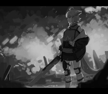 1girl ahoge animal_ears arknights closed_mouth commentary cutter_(arknights) explosion feet_out_of_frame fire fox_ears fox_girl fox_tail greyscale hair_between_eyes hand_on_own_hip highres holding holding_sword holding_weapon jacket knee_pads letterboxed long_sleeves lumirumi monochrome off_shoulder open_clothes open_jacket profile puffy_long_sleeves puffy_sleeves shirt skirt sleeveless sleeveless_shirt socks solo standing sword tail weapon