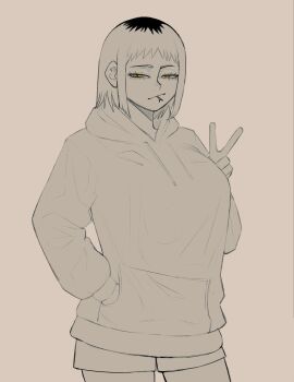 Rule 34 | 1girl, breasts, chainsaw man, cullieon, forked tongue, greyscale, hand in pocket, highres, looking at viewer, monochrome, sawatari akane (chainsaw man), short hair, shorts, slit pupils, sweater, tongue, v, yellow eyes