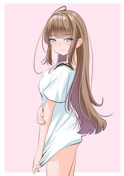 Rule 34 | 1girl, antenna hair, bikini, bikini under clothes, black bikini, blue eyes, border, brown hair, from side, long hair, looking at viewer, original, outside border, pink background, shirt, simple background, solo, standing, swimsuit, white border, white shirt, yamanaka kouji (yanchiki2001)