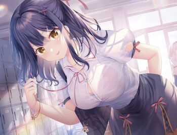 Rule 34 | 3girls, :q, blue hair, blush, bra visible through clothes, bracelet, breasts, brown eyes, hair ornament, hair ribbon, hanahanamaki, highres, indoors, jewelry, large breasts, leaning forward, long hair, looking at viewer, multiple girls, nanami yuuno, pink ribbon, ribbon, school uniform, shirt, short sleeves, sidelocks, skirt, smile, solo focus, sousouman, tongue, tongue out, twinbox school, white shirt, x hair ornament