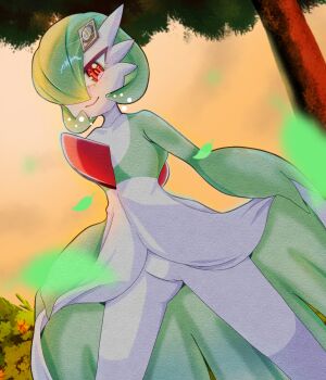 1girl blurry blurry_foreground bob_cut cleft_of_venus closed_mouth collarbone colored_skin dutch_angle falling_leaves female_focus flat_chest flukechan gardevoir gen_3_pokemon glint green_hair green_skin hair_ornament hair_over_one_eye hairclip happy highres leaf legs_apart lifting_own_clothes looking_at_viewer mega_stone multicolored_skin nintendo one_eye_covered outdoors pokemon pokemon_(anime) pokemon_(creature) poketoon pussy red_eyes short_hair smile solo standing sunset thighs tree two-tone_skin uncensored white_skin