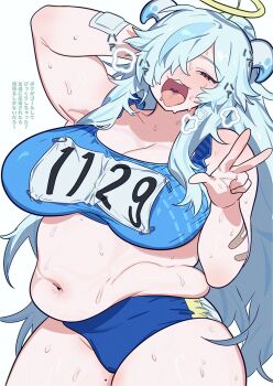 Rule 34 | 1girl, arm behind head, artist request, bandaid, bandaid on arm, belly, blue buruma, blue hair, blue shirt, blue shorts, breasts, buruma, cleavage, crop top, doubliel, fake halo, hair over one eye, halo, horns, japanese text, large breasts, long hair, mahjong fight girl, messy hair, mole, mole on thigh, muffin top, naughty face, navel, nun (jmnun), one eye covered, open mouth, pink eyes, plump, safety pin, shirt, short shorts, shorts, sleeveless, sleeveless shirt, solo, sweat, tongue, tongue out, track uniform, v, w, white background
