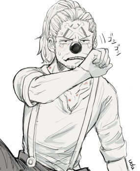 1boy beard_stubble blush buggy_the_clown commentary_request facial_hair greyscale makeup male_focus monochrome one_piece ponytail shirt simple_background solo spot_color stubble suspenders sweatdrop udaa_(ahirucook)