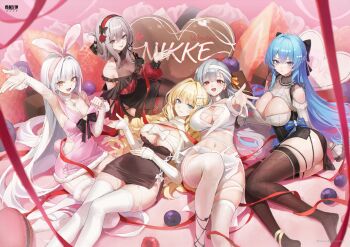 Rule 34 | 5girls, absurdres, artist request, blanc (nikke), blonde hair, blue eyes, blue hair, breasts, cleavage, copyright name, crown (nikke), goddess of victory: nikke, grey hair, hair intakes, helm (nikke), highres, large breasts, long hair, looking at viewer, lying, modernia (nikke), multiple girls, navel, official alternate costume, official art, on back, open mouth, scarlet (nikke), valentine, white hair