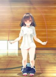 1girl accidental_exposure animated black_hair blue_panties blue_pants blush bouncing_breasts breasts brown_eyes brown_hair brown_pubic_hair closed_eyes closed_mouth clothes_pull covering_crotch covering_privates embarrassed exercising facing_viewer female_focus female_pubic_hair full_body groin gym gym_uniform holding holding_jump_rope impossible_clothes impossible_shirt indoors jump_rope jumping long_hair medium_breasts motion_blur original paid_reward_available panties panties_around_leg pants pants_falling pants_pull panty_pull pubic_hair pulling_own_clothes pussy shirt shirt_tug shoes short_sleeves small_breasts smile solo standing tachiinu taut_clothes taut_shirt thighs track_pants underwear video wardrobe_malfunction white_shirt wooden_floor wooden_wall