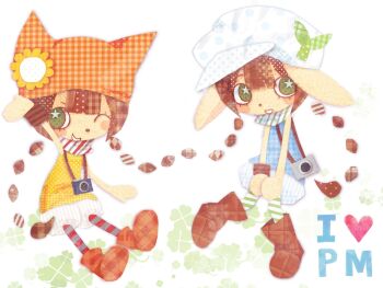 2girls abcdef-t animal_ears animal_hat bemani blue_shirt boots braid brown_boots brown_hair camera cat_ears cat_girl cat_hat clover collage_(medium) commentary english_commentary faux_traditional_media four-leaf_clover furry furry_female green_eyes hat heisei_retro highres long_hair low_twin_braids mimi_(pop'n_music) multiple_girls nyami_(pop'n_music) official_alternate_costume one_eye_closed orange_hat pop'n_music pop'n_music_sunny_park rabbit_ears rabbit_girl scarf shirt shorts twin_braids white_hat white_shorts yellow_shirt