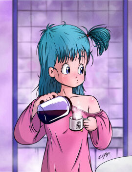 1girl absurdres blue_hair bulma buruma capsule_corp coffee coffee_mug collarbone cup dragon_ball dragon_ball_(classic) elmegas highres kitchen messy_hair morning mug pajamas pink_pajamas pink_shirt shirt single_bare_shoulder single_off_shoulder