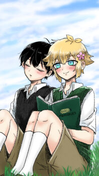 Rule 34 | 2boys, antenna hair, basil (faraway) (omori), basil (omori), black hair, black sweater vest, blue sky, blush, book, brown shorts, closed eyes, closed mouth, cloud, collared shirt, commentary, day, double-parted bangs, flower, germany omori, grass, hair between eyes, hair flower, hair ornament, highres, holding, holding book, kneehighs, knees up, male focus, multiple boys, omori, open book, outdoors, shirt, short sleeves, shorts, sidelocks, sitting, sky, smile, socks, sunny (omori), sweater vest, untranslatable commentary, white shirt, white socks