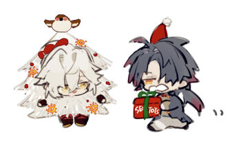 2boys alternate_costume black_hair blade_(honkai:_star_rail) bow box chibi chibi_only christmas christmas_ornaments christmas_tree fake_facial_hair fake_mustache gift gift_box hair_bow hair_over_one_eye hat holding holding_gift honkai:_star_rail honkai_(series) jing_yuan long_hair male_focus mississipping multiple_boys ponytail red_bow santa_hat simple_background white_background white_hair yellow_eyes