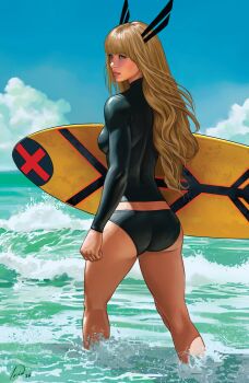 1girl artist_name ass back bare_legs beach bikini bikini_bottom_only black_bikini black_shirt blonde_hair blue_eyes blue_sky blunt_bangs breasts clenched_hand cloud comic_cover commentary cover cover_page day diving_suit english_commentary feet_out_of_frame from_behind highres holding holding_surfboard ivan_talavera long_hair long_sleeves looking_to_the_side magik's_crown magik_(x-men) marvel median_furrow medium_breasts ocean outdoors partially_submerged shirt sky surfboard swimsuit textless_version very_long_hair walking water waves western_comics_(style) x-men