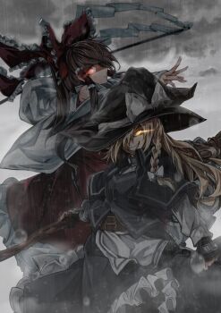 2girls belt belt_buckle black_gloves black_hat black_vest blonde_hair bow braid broom brown_belt brown_hair buckle collared_shirt detached_sleeves fingerless_gloves floating_clothes fog frilled_bow frilled_skirt frills from_side frown gloves glowing glowing_eye gohei hair_bow hair_over_eyes hakurei_reimu hat hat_bow holding holding_broom holding_gohei kirisame_marisa long_hair looking_at_viewer midori_(misuriru8) multiple_girls one_eye_covered outstretched_arm rain red_bow red_skirt shirt single_braid skirt smile touhou vest water_drop white_bow white_shirt white_sleeves witch_hat yellow_eyes