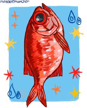 Rule 34 | animal focus, blue background, border, commentary, fish, from side, full body, goldfish, highres, maggotmuncher0, no humans, original, painterly, sideways, simple background, untranslatable commentary, white border