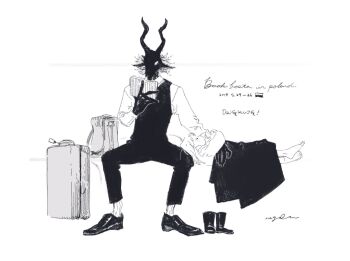 1boy 1girl arm_hug bag body_fur book child commentary_request english_text furry furry_male greyscale highres holding holding_book horns lying monochrome nagabe on_back reading satchel sensei_(totsukuni_no_shoujo) shiva_(totsukuni_no_shoujo) short_hair simple_background sitting sleeping suitcase tail totsukuni_no_shoujo translation_request under_covers vest white_background