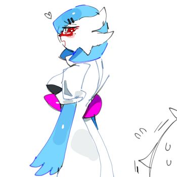 1boy 1girl arms_at_sides beta_(pixiv_109013543) black_bra blue_hair blue_skin blush bob_cut bra breasts coat colored_skin dr._voir_(nanosheep) female_focus flying_sweatdrops from_behind gardevoir gen_3_pokemon glasses hair_ornament hairclip half-closed_eyes happy heart heart-shaped_pupils highres lab_coat looking_at_another looking_back medium_breasts mole mole_under_eye multicolored_skin nervous nervous_sweating nintendo open_clothes open_coat open_mouth pince-nez pokemon pokemon_(creature) raised_eyebrows red-framed_eyewear red_eyes semi-rimless_eyewear short_hair simple_background sketch sleeves_rolled_up smile solo_focus sweat symbol-shaped_pupils two-tone_skin underwear white_background white_coat white_skin