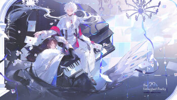 Rule 34 | 2boys, absurdres, belt, brown hair, cape, capelet, chandelier, closed mouth, flower, fur trim, glasses, gloves, highres, holding, holding letter, indoors, instrument, letter, long hair, long sleeves, looking at another, male focus, multiple boys, original, parted bangs, piano, purple ribbon, red eyes, red shawl, renjian shilian, ribbon, sample watermark, shawl, shirt, shoes, sidelocks, sitting, sitting on piano, smile, socks, very long hair, watermark, white belt, white capelet, white flower, white gloves, white hair, white shirt, white socks, white wings, wings